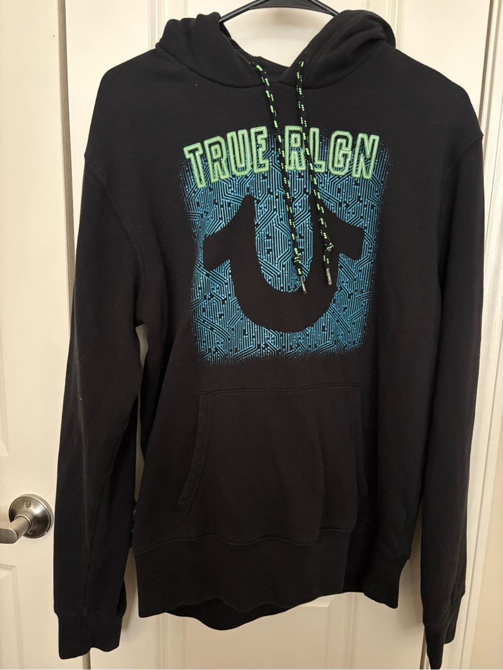 True Religion Black Hoodie with Blue Graphic